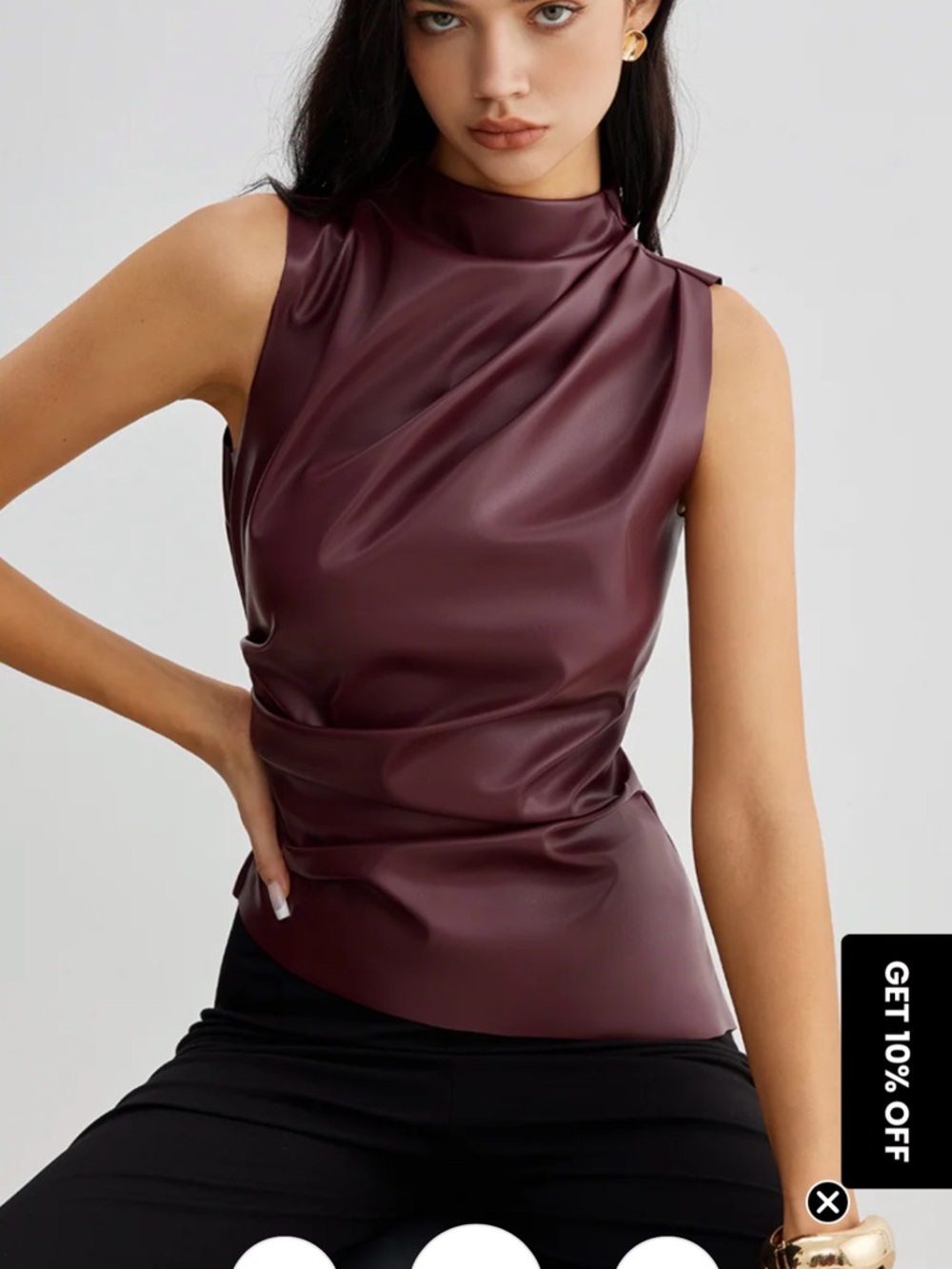 Commense Sleeveless Faux-Leather Mock Neck Camisole in Burgundy